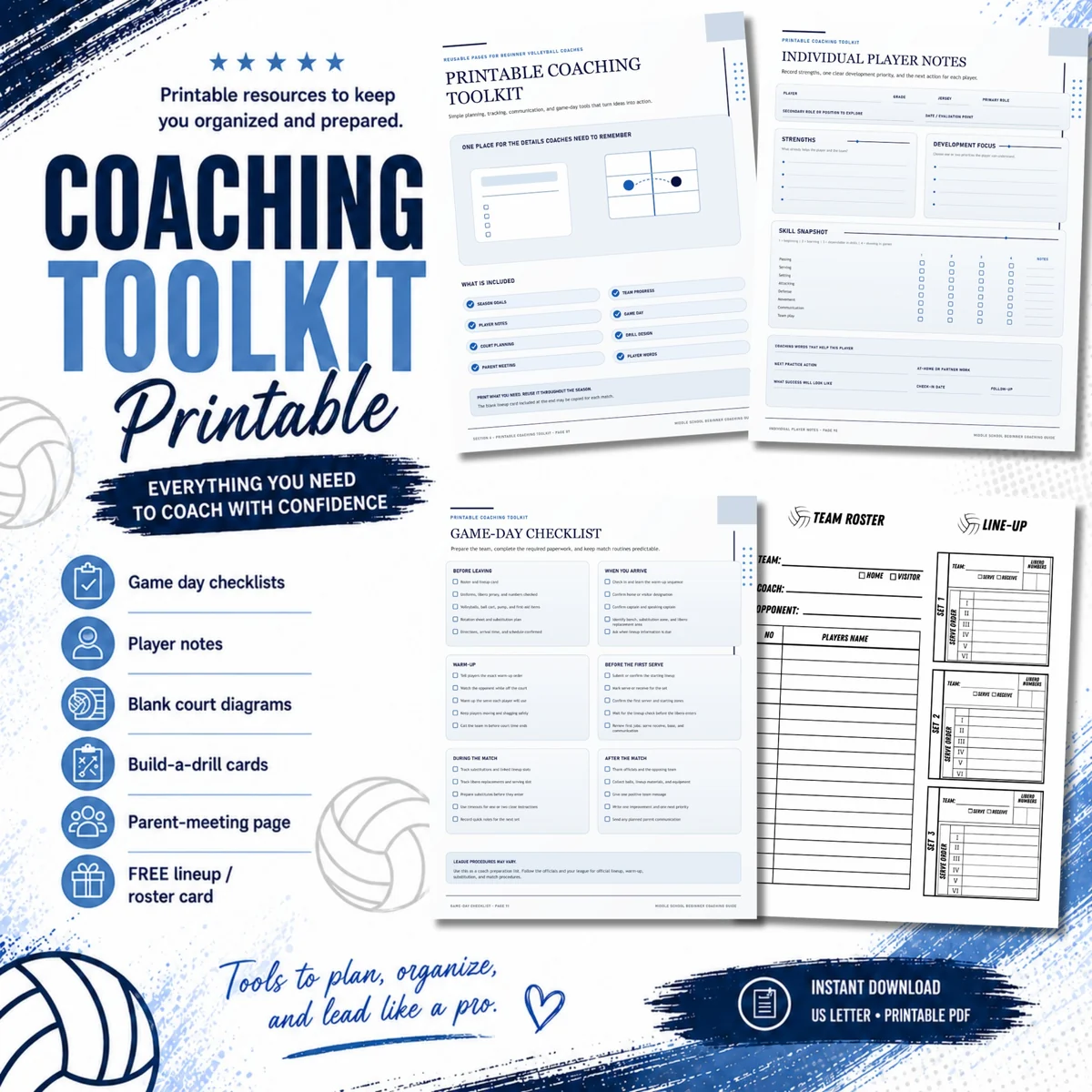 Included coaching pages showing individual player notes, the game-day checklist, and blank team roster and lineup sheet