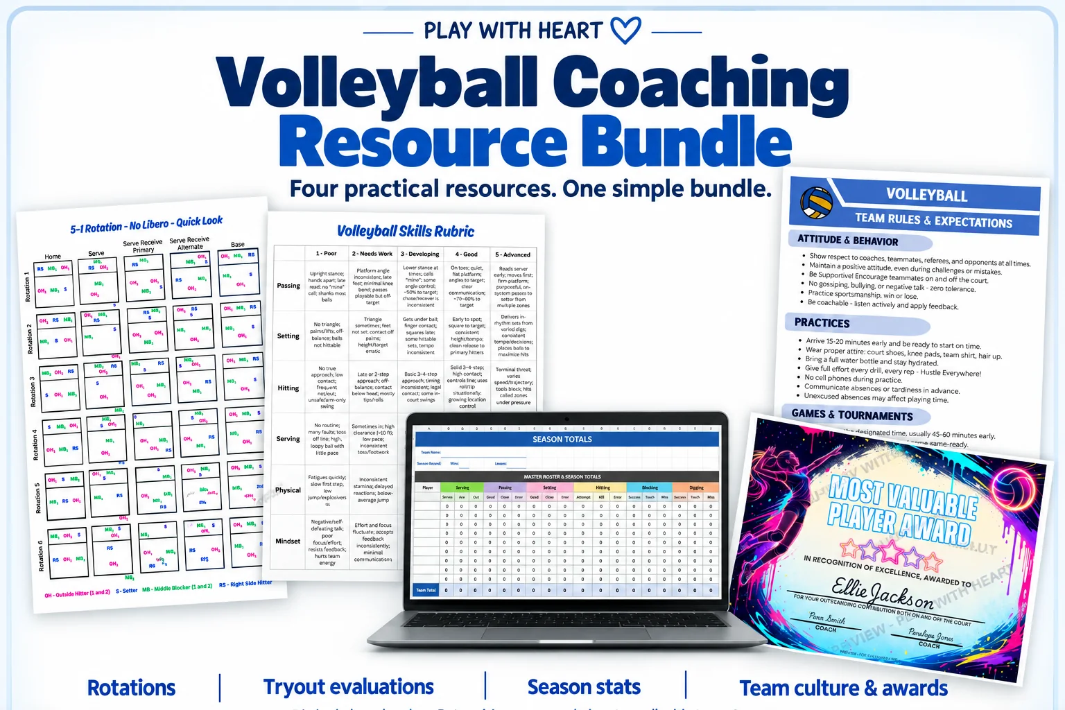 Volleyball Coaching Resource Bundle: rotation charts, tryout evaluation forms, a season stats spreadsheet, team rules and awards